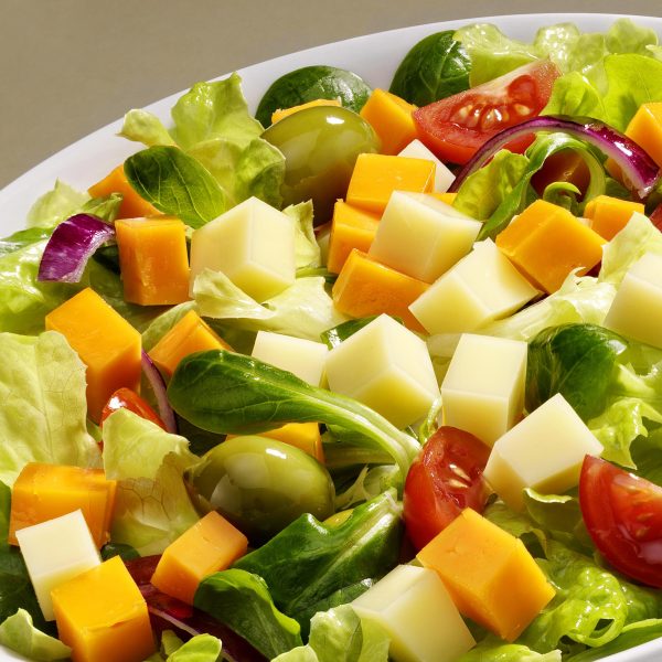 Coloured Cheddar minicubes and salad cheese